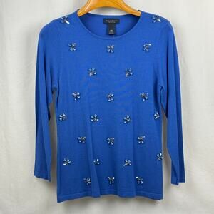 Investments Petites Cobalt Blue Sequin Rhinestone Long Sleeve Shirt Size PM NWT
